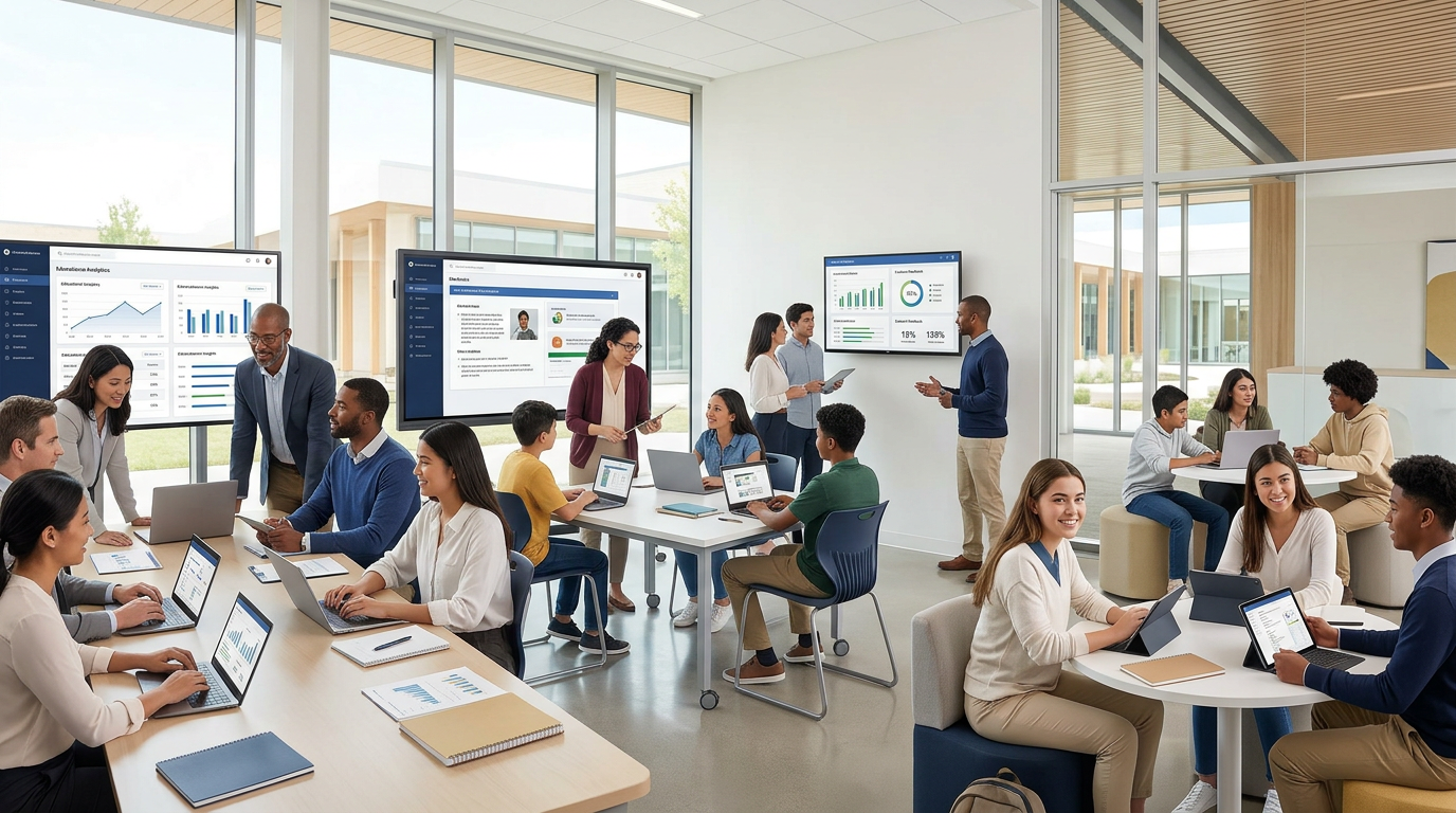 Teachers, administrators, and learners using a connected school learning platform.