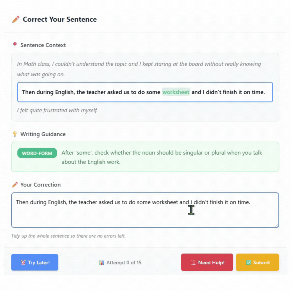 Student working through corrections and receiving feedback.