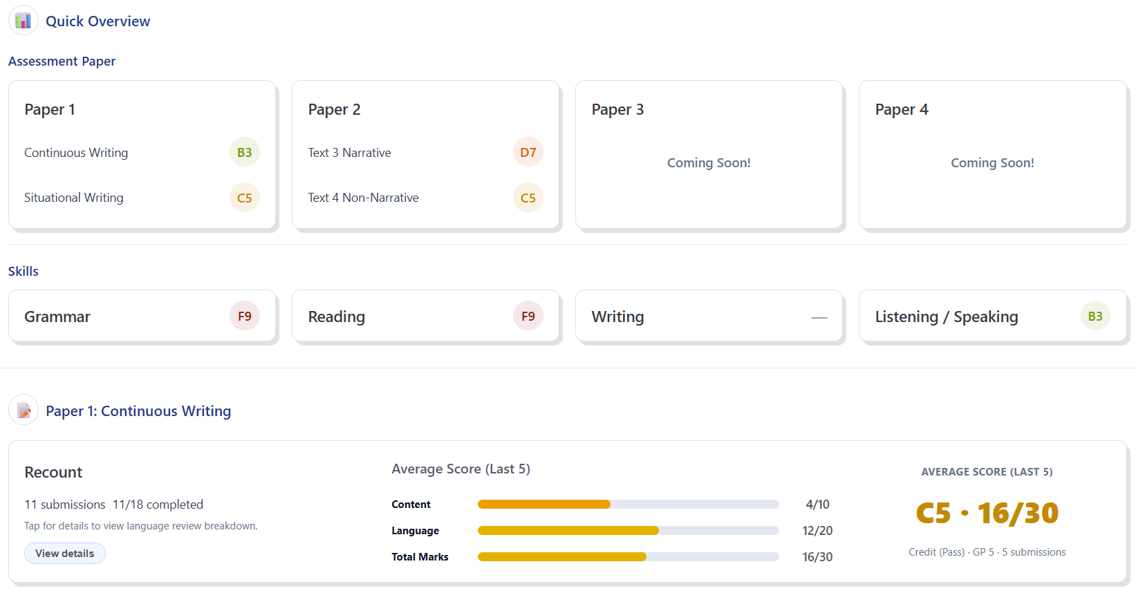 Gradebook and learning insights for students on Akademi